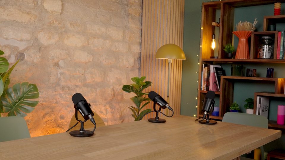 Configuration 2 : table, micros, mur en pierre et bibliothèque